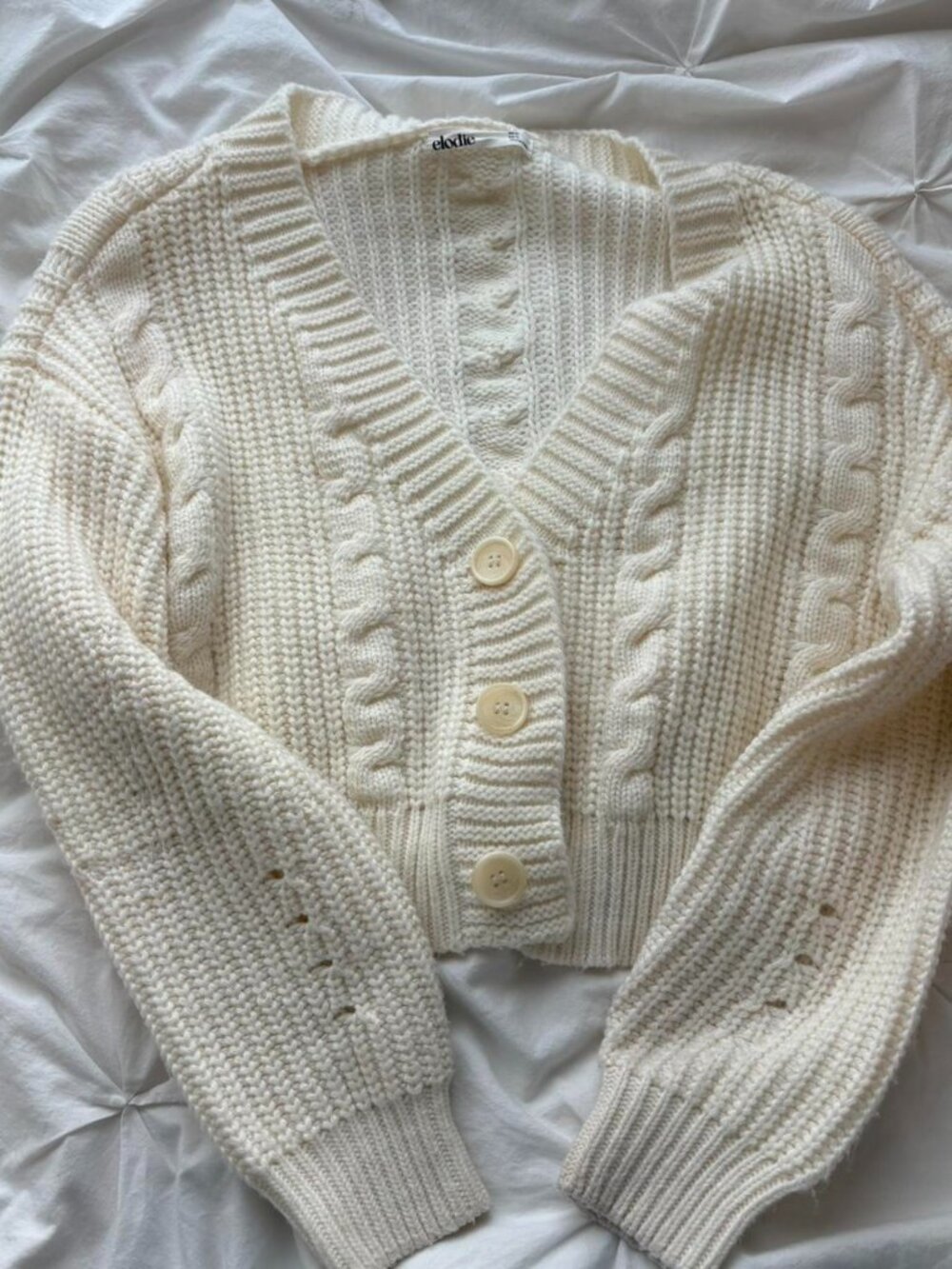 Pre-owned Elodie Cable Knit Cardigan|Used Cream V-Neck Cropped Button Up Sweater